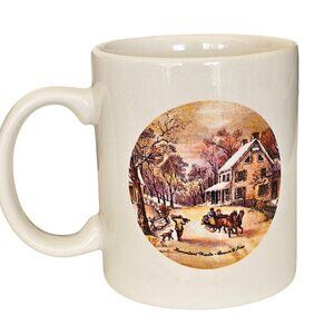 Vintage Winter Scene Ceramic Coffee Mug 12 Oz White Made In China Horse-Drawn Ca